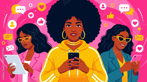 Vibrant Illustration of Diverse Women Engaging with Social Media on Digital Devices, Showcasing Online Connection & Digital Lifestyle