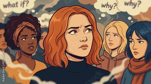 Uncertainty & Doubt: Diverse Women Pondering "What If?" & "Why?" Questions in a Thoughtful Crowd