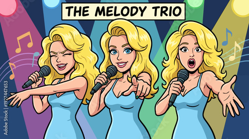 Blonde Cartoon Women Singing Pop Music Trio on Stage Performance