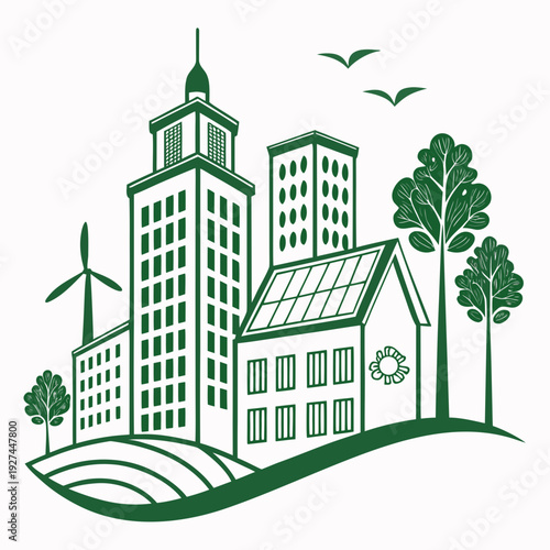 A green cityscape with buildings and trees