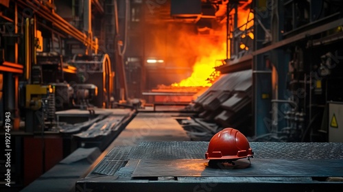 furnace. Industrial workspace featuring safety gear on a metal table, illuminated by a warm furnace glow. safety posters.