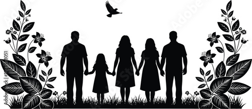 Black silhouettes of happy family members holding hands and walking together, set of diverse parents and children for lifestyle concepts.