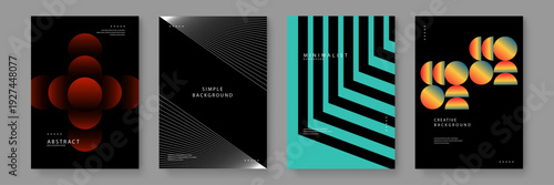 A premium collection of four abstract posters featuring geometric circles linear rays bold stripes and colorful gradients on dark backgrounds