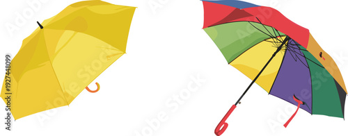 Open yellow and multicolored umbrellas isolated on white background, realistic vector illustration for rainy weather, protection concept and seasonal design