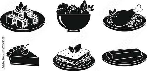 Black and white flat icons of healthy food including sushi, salad bowl, chicken leg, cherry pie, sandwich, and meat roll.