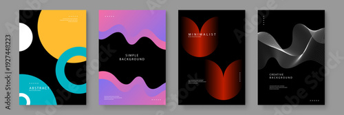 Collection of four abstract backgrounds featuring colorful geometric circles fluid purple waves dark red minimalist shapes and creative white line art on black backdrop for modern corporate branding