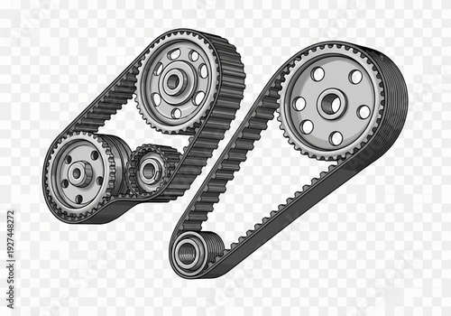Detailed illustration of interlocking gears and timing belt on a transparent background, showcasing mechanical components from a technical viewpoint.