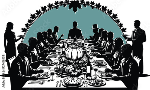 Black silhouette of a large family enjoying Thanksgiving dinner with a pumpkin centerpiece, autumn harvest celebration, and holiday feast concept.