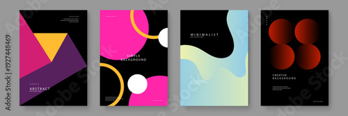 Professional bundle of four abstract posters including sharp triangles bright pink circles soft pastel liquid shapes and red spheres for versatile design projects