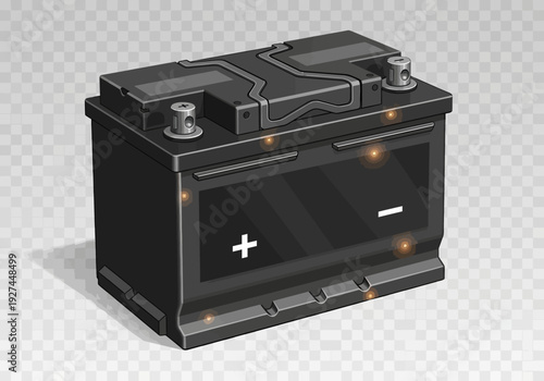 Car battery illustration with positive and negative terminals shown from a 3D isometric viewpoint