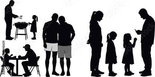 Black silhouettes of families at a barbecue, people eating at tables, and groups standing together for summer lifestyle and community.