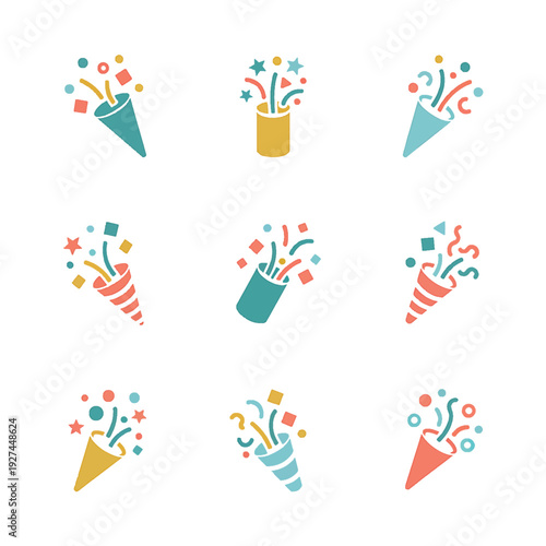 Collection of Party Popper Icons Celebration and Festive Event Symbols