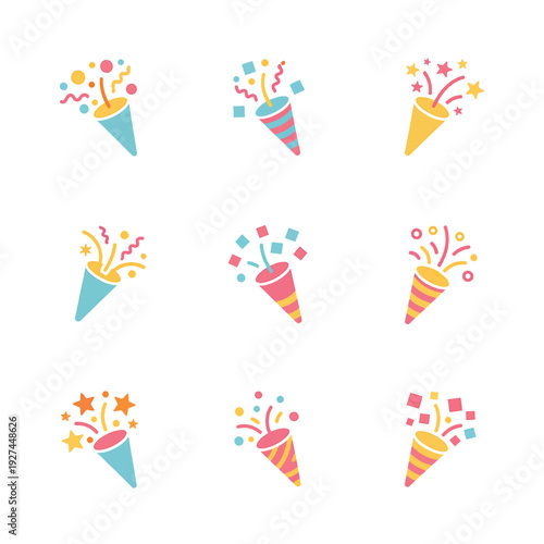 Party Poppers Icons Vector Set Festive Celebration Elements