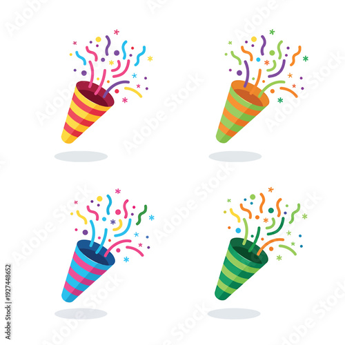 Colorful Party Poppers Confetti Blast Icon Set