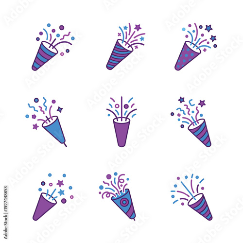 Party Popper Icons Vector Collection Celebration Design Elements