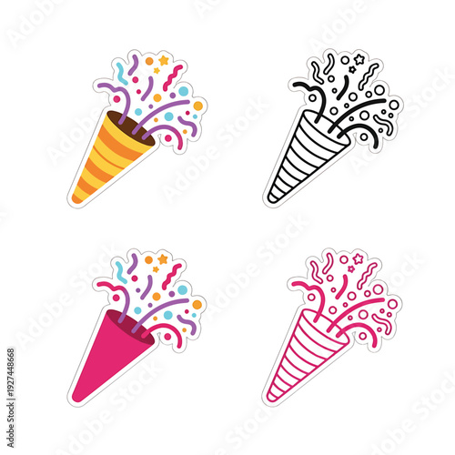 Party Popper Icon Set Celebration Confetti Streamers