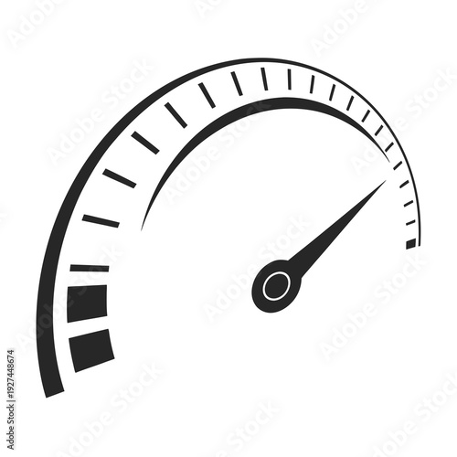 A black and white speedometer gauge with a needle pointing to the right