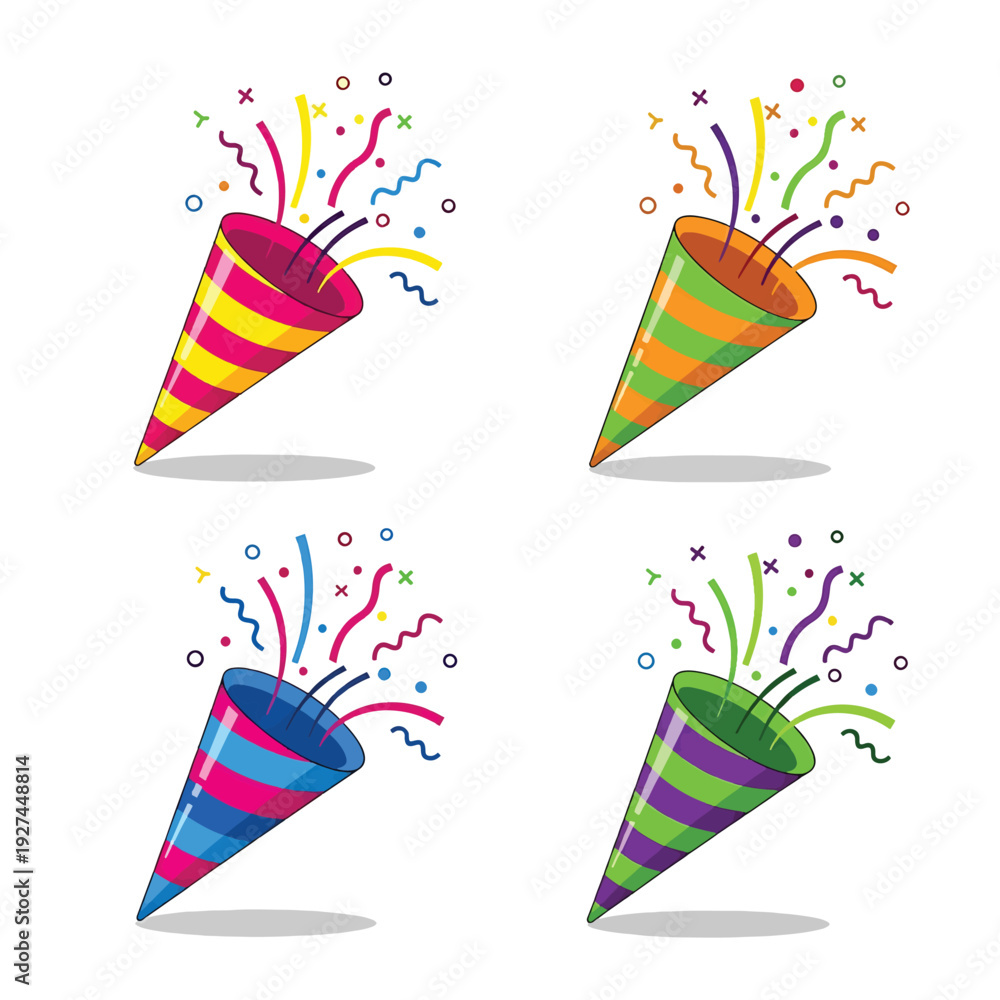 Fototapeta premium Colorful Party Poppers Confetti Explosion Vector Icon Set