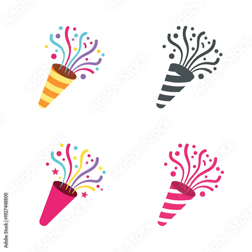 Party Popper Icon Vector Set Celebration Holiday Event Confetti Streamers