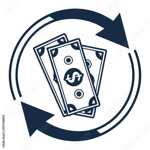 A blue icon of money being recycled
