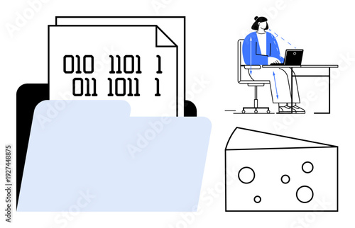 Data management. Digital folder with binary code, remote worker, and additional symbolism. Data management improving digital file organization, security, and accessibility. For business, technology