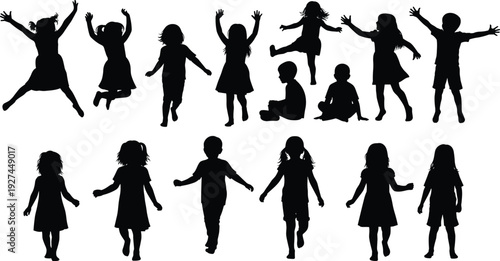 Black silhouettes of happy children playing, jumping, running, and sitting, set of diverse elementary kids for school, playground, and childhood concepts.
