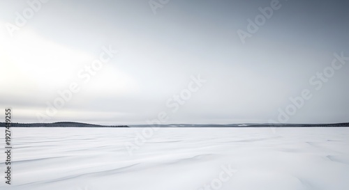 Minimal winter landscape with smooth snow-covered ground and a wide pale sky creating calm negative space