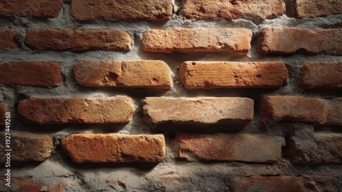 Close-Up View of Rustic Red Brick Wall with Texture and Natural Lighting Highlighting Color Variation and Surface Imperfections in Warm Tones