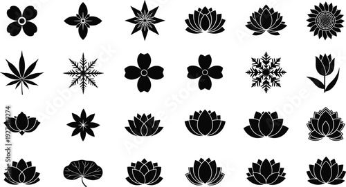 Large collection of black floral silhouettes featuring lotus flowers lilies sunflowers and decorative botanical icons for elegant wedding and logo designs
