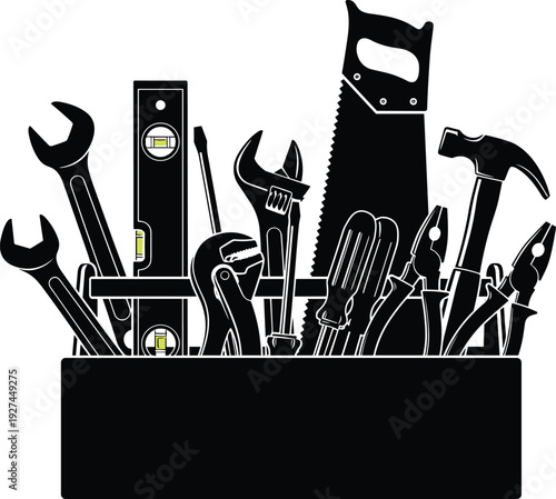 Black silhouette of a professional toolbox filled with manual hand tools like hammer saw and wrenches for construction and repair