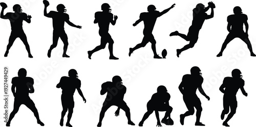 American football player silhouettes vector illustration, ten poses throwing catching running tackling dynamic sport action competition isolated design