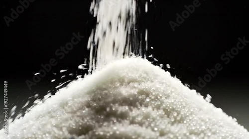 Close-Up of Sugar Granules Pouring onto a Pile Against Black