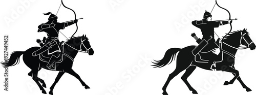 archer riding horse silhouette on white background
