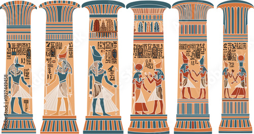 Ancient Egyptian Columns Vector Illustration with Hieroglyphs and Mythological Gods in Traditional Art Style Isolated on White Background