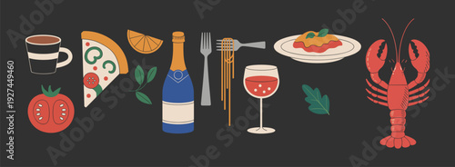 Trendy halftone art collage elements set. Italian food various paper clippings, pizza, pasta and wine stickers with vintage dot texture and doodles. Modern retro grunge mixed media vector illustration