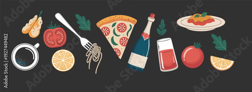 Trendy halftone art collage elements set. Italian food various paper clippings, pizza, pasta and wine stickers with vintage dot texture and doodles. Modern retro grunge mixed media vector illustration