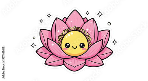 A cute kawaii style pink lotus flower with a smiling yellow face and a golden crown, surrounded by sparkles.