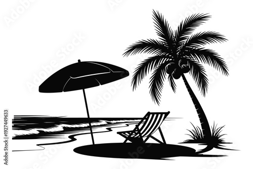 Beach umbrella and chair silhouette, minimalist summer seaside vector illustration featuring striped parasol and lounge chair for coastal vacation design, travel branding, and relaxing holiday graphic