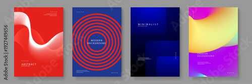 Set of four diverse poster designs featuring red line art waves blue concentric circles dark geometric navy layers and colorful liquid organic shapes for creative agency