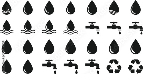 Water Drop Silhouette Vector Set, Black Liquid Droplets, Faucet Icons and Recycle Symbols Isolated on White Background for Conservation and Plumbing