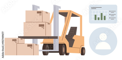 Logistics, warehouse management, supply chain, inventory tracking, business analytics, user role. Forklift carrying boxes, graph chart and profile icon. Logistics and warehouse management concept