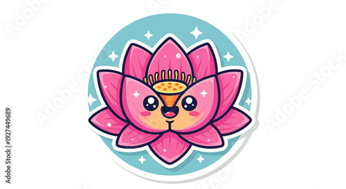 A cute kawaii style pink lotus flower with an adorable face and sparkling details, presented as a circular sticker on a light blue background.
