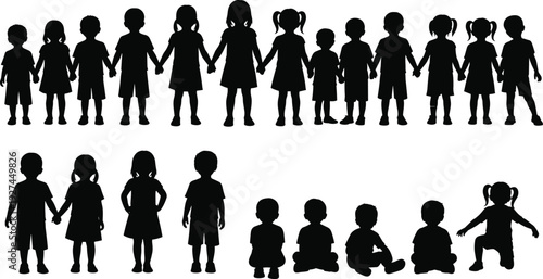 Diverse Children Silhouette Set with Kids Holding Hands, Standing in Rows, and Sitting Representing Unity, Friendship, School Education