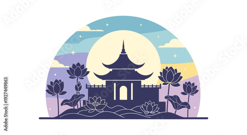 A serene vector illustration of a traditional Asian temple with lotus flowers under a full moon and starry sky.