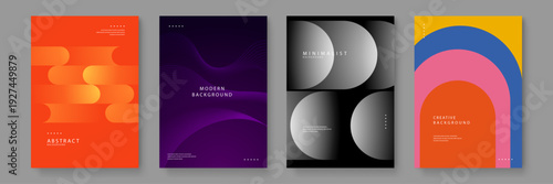 A collection of four professional abstract background posters featuring geometric shapes and creative color palettes for modern branding