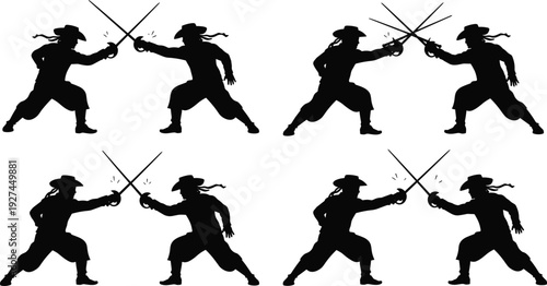 Pirate Fencing Silhouette Vector Illustration, Two Musketeers Duel with Swords Isolated on White Background for Adventure