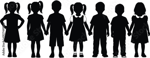 Group of Diverse Children Silhouette Holding Hands Standing in a Row representing Unity, Friendship, Childhood Education