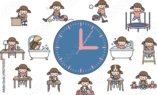 Child daily schedule routine illustration with clock, showing kids activities like studying, bathing, eating, cleaning, playing and sleeping, time management concept for children lifestyle
