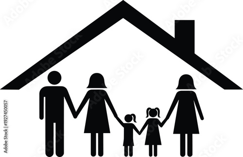 Happy family with father, mothers, and daughters standing together under a house roof silhouette for insurance, real estate, and protection.