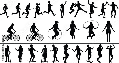 Large collection of active people silhouettes running, cycling, jumping rope, skateboarding, and scootering for fitness, sports, health, and recreation concepts.